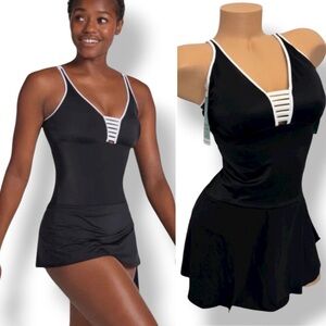 LEONISA Multiway Skirt One-Piece Swimsuit Swimwear Black White Swim Dress L